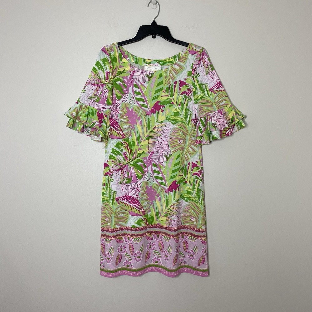 Cappagallo Tropical Palm Leaf Print Shift Dress Ruffle Sleeve Pink Green Size M